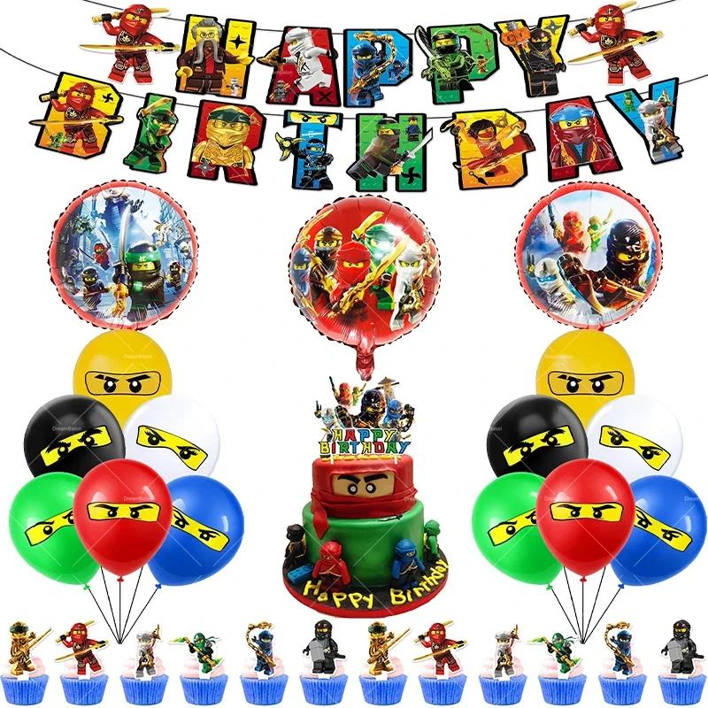 Ninjaed Go Balloons Happy Birthday Banner Legoed Party Decoration Supplies Backdrop Cake Topper Kids Spiral Disposable Tableware