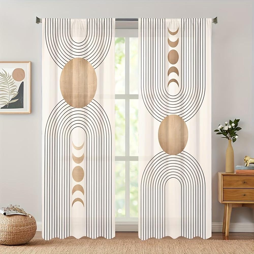 2-Piece Set of Bohemian Moon Phase Curtains, Rod-Pocket Style Semi-Transparent Polyester Curtains, Geometric Line Print Light-Filtering Curtains 60×150cm(23.6×59in)