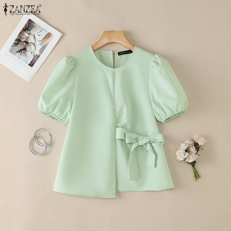ZANZEA Women Casual Round Neck Solid Color Puff Short Sleeve Blouse
