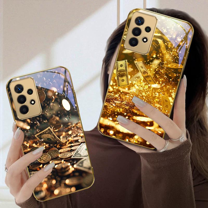 Golden Wealth Symbol For Samsung A36 A35 A34 A33 A32 A31 A26 A25 A23 A22 A21s A73 A72 A71 A42 A56 A13 16 Golden Glass Phone Case