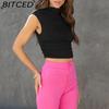 BITCED Women's Half-High Neck Top Casual Versatile Cropped Tank Top Short-Length Gathered Polyester-Cotton Blend Spicy Girl Style