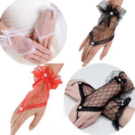 1 paio di guanti da sposa in pizzo senza dita trasparenti con fiocco, sottili guanti da sposa per feste, guanti corti morbidi vintage femminili