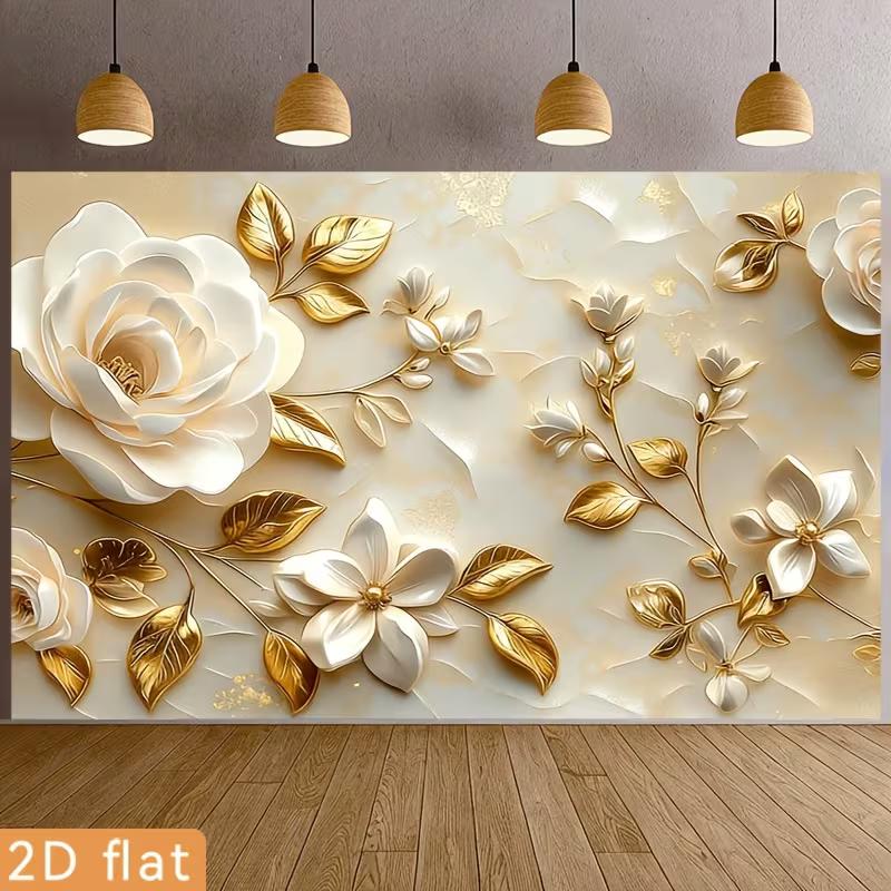 2D White Flower and Gold Leaf Themed Backdrop Photo Background Banner