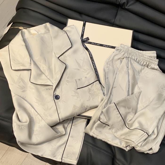 

Women s Bamboo Leaf Jacquard Loungewear Set - Long Sleeve/Pants, Spring/Autumn, Chinese Style XXXL