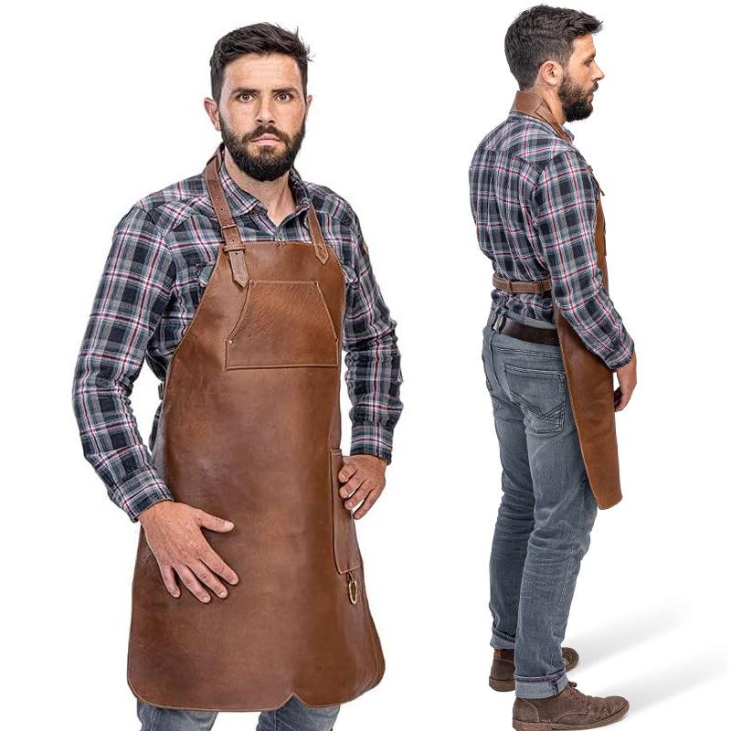 Neck Leather Apron Waterproof Oil-Proof Bbq Cooking Chef Vintage Pu Leather Apron