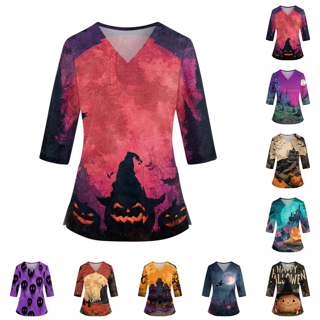 Women's V Neck Costume Top with Pockets Side Slits 3/4 Sleeves Halloween Print for Party