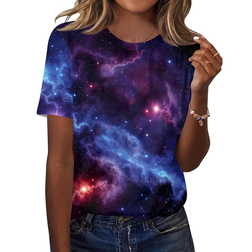 Women's Fashionable Casual Short Sleeve Print Round Neck Pullover Top