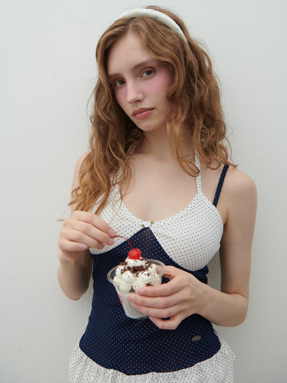 Double Hips Dot Halterneck Contrast Sleeveless Top (White+Navy) White+Navy