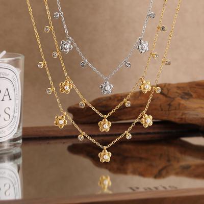 Collar pequeño de acero de titanio con forma de flor y diamantes estilo coreano para mujer - Gargantilla de clavícula con diseño dulce
