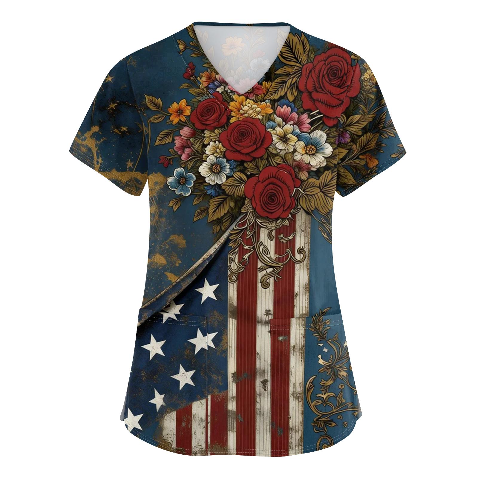 

Women s Short-Sleeve Independence Day Print V-Neck Pocket Workwear Top XL синій