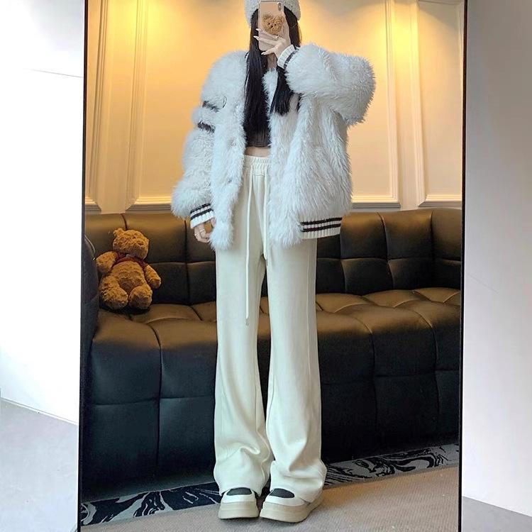 Creamy white floor-length casual pants for women, spring, autumn, and winter, wide-leg pants with draped drape, petite fleece-lined straight-leg