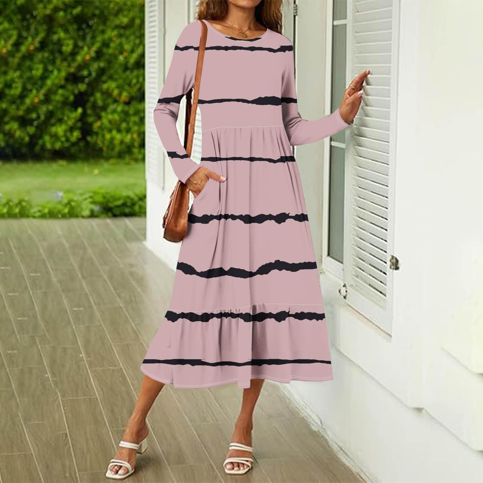 

Женское повседневное платье с принтом, весенние платья с круглым вырезом и длинным рукавом L розовый