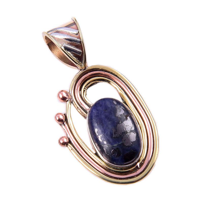 Natural Sodalite Gemstone 925 Solid Sterling Silver Two Tone Pendant 1.50'' S7b09