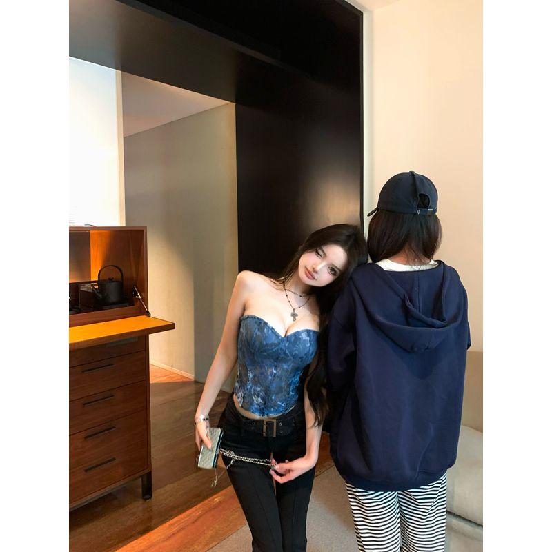 Kumikumi Design Sense Blue Tie-dye Fishbone Tube Top Vest Women Summer Niche Temperament Lace Sleeveless Top