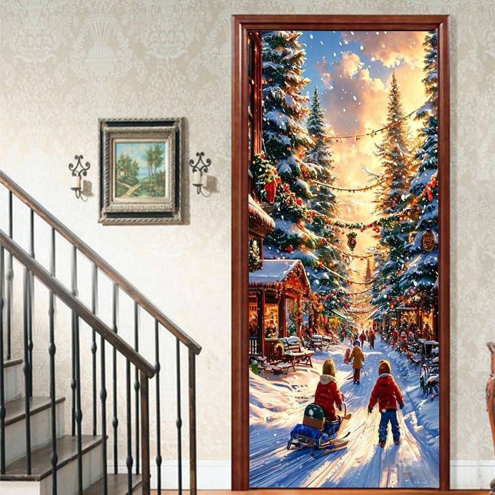 Christmas Santa Claus PVC Self-Adhesive Waterproof Door Sticker Modern Simulation Door Mural Wallpaper Living Room Study Home Decor Art Door Poster