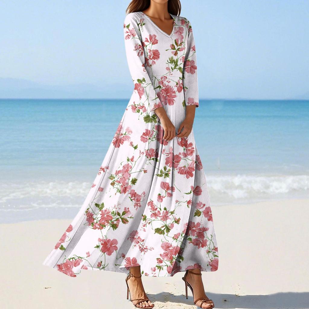 Women's Fashion V-Neck Floating Beach Dresses Seven Sleeve Floral Printed Dresses