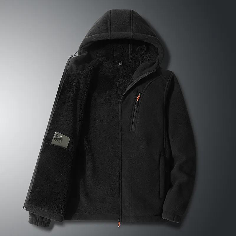 

Куртка с капюшоном Мужская куртка Плюс бархатная Утолщенная Теплая Верхняя одежда Зимняя Куртка из поларфлиса для мужчин M чёрный