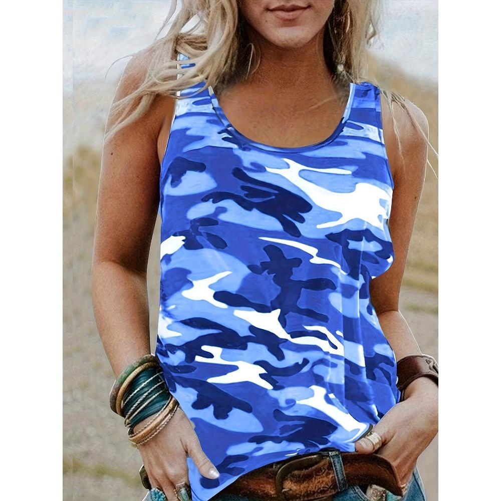 Printed Camouflage Round Neck Womens Vest Basic Elastic Vest Casual