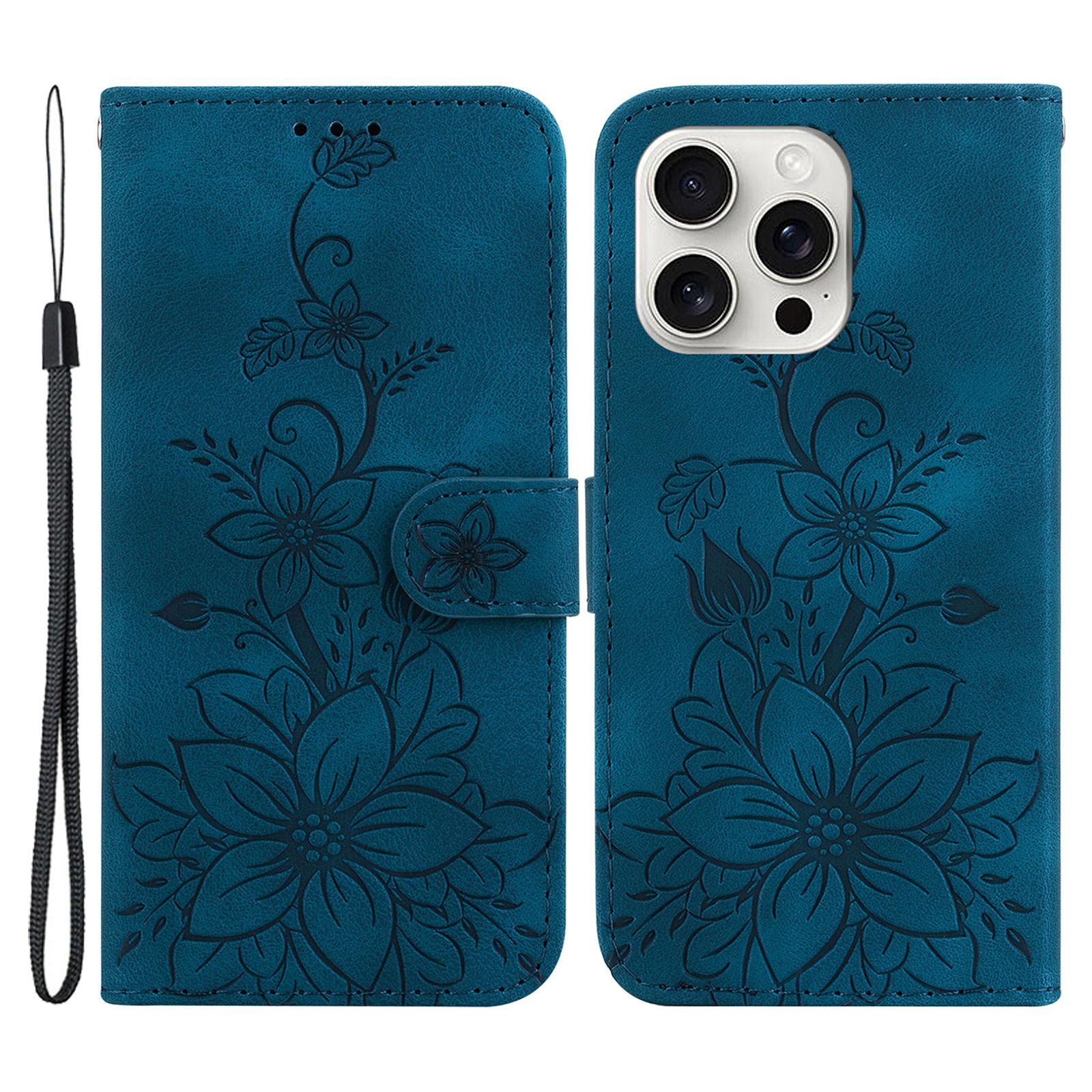 

For iPhone 16 Pro Wallet Case PU Leather Phone Cover Flower Imprinted Dark Blue