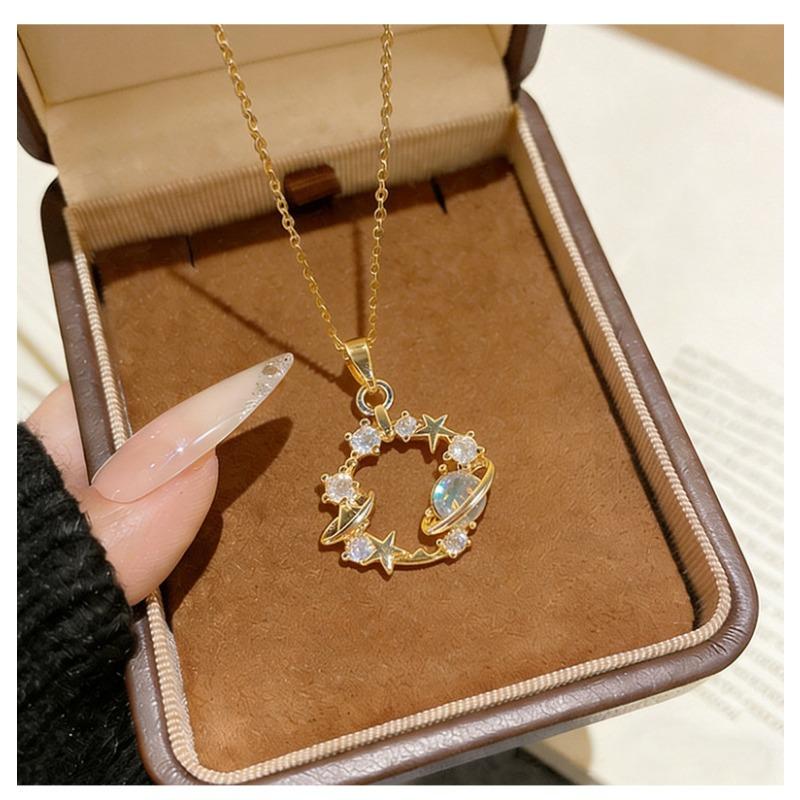 Fashion Women Inlaid Rhinestone Star Planet Titanium Steel Clavicle Necklace