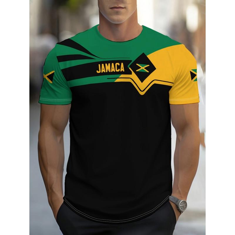 Jamaika Flagge Karte Grafik T-Shirt Für Männer Lustige Jamaikanische 3D Gedruckte T-Shirts Sommer Atmungsaktive Rundhals Oberteile Kurzarm T-Shirts