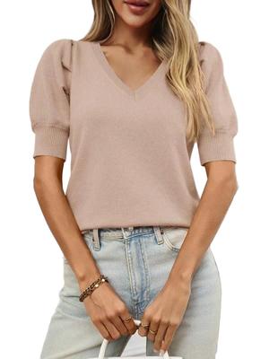 Women's Puff Sleeve Knit Top Short Sleeve Casual Spring Summer Pullover Blouse