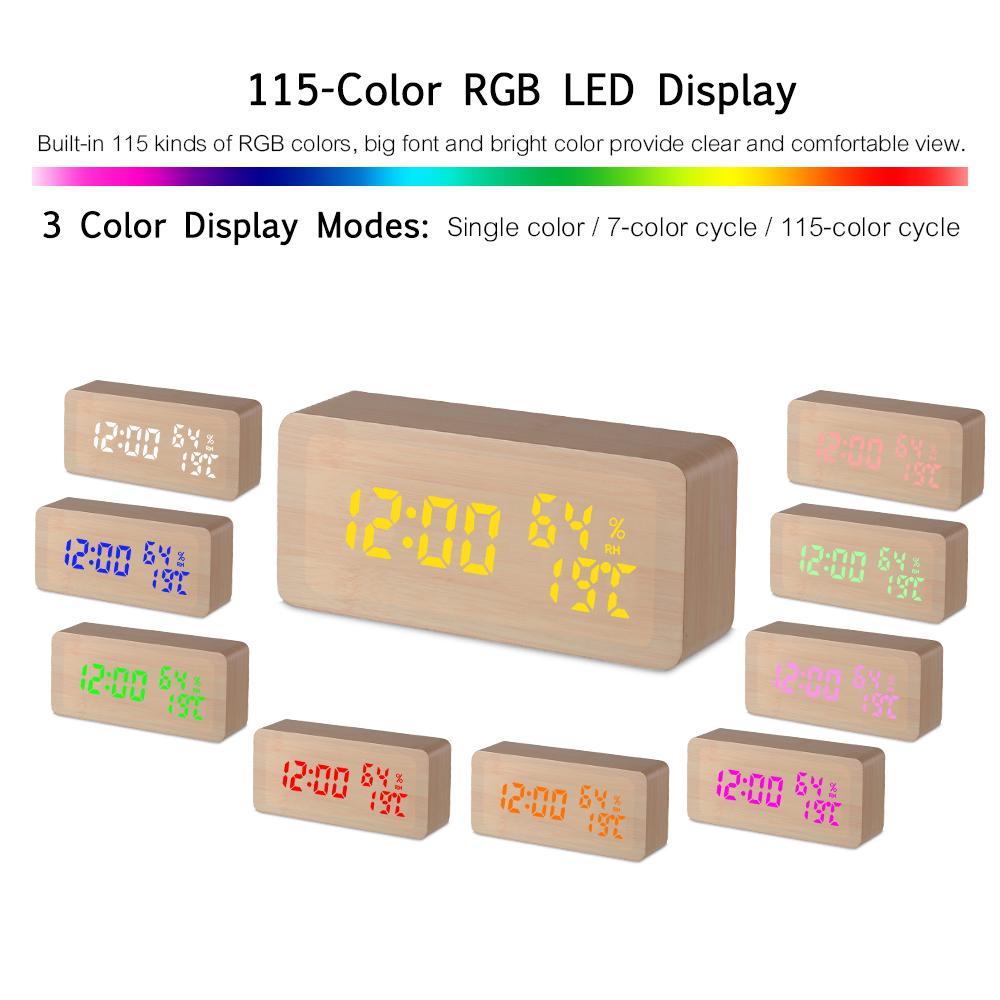 Wooden Alarm Clock 115-Colored Time/ Humidity/ Temperature/ Date Display Wood LED Digital Desk Clock Adjustable Brightness Voice Control Snooze