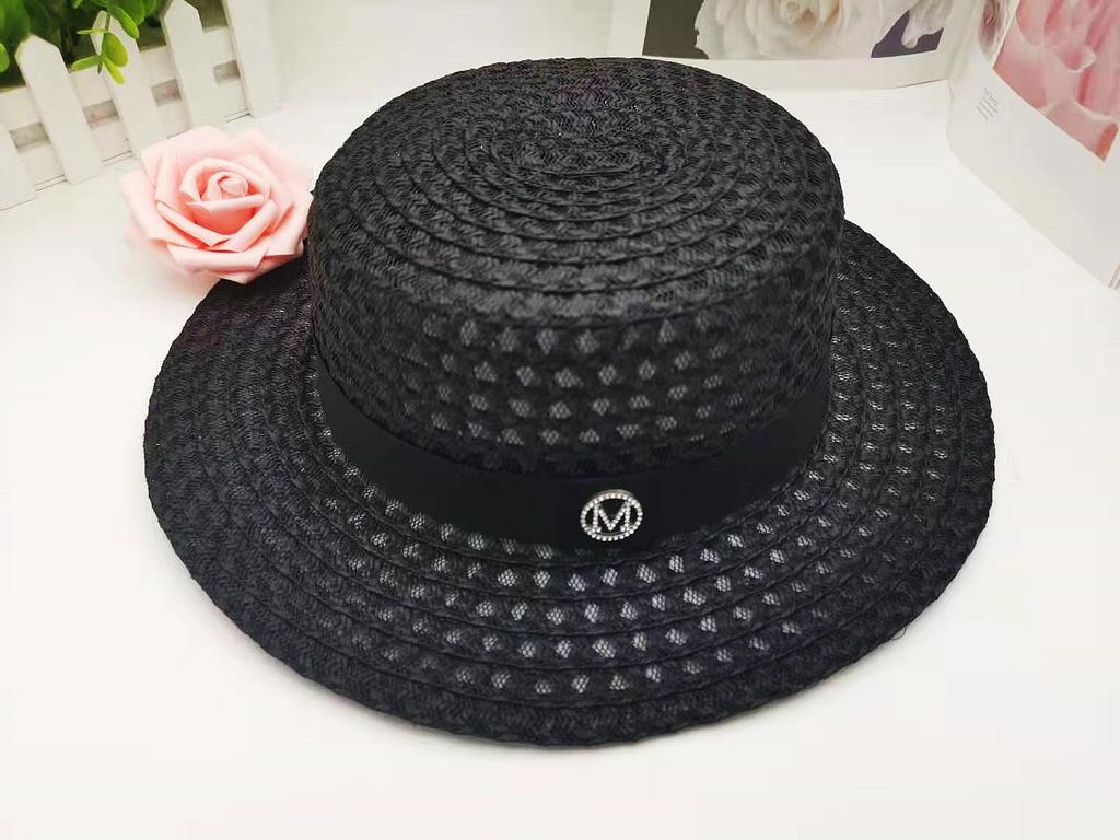 Ins Korean Mesh Flat Top Hat With M Logo, Black White Woven Straw, Summer New Fashion Sun Protection Fedora