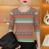 High-End Women's Half-Round Neck Long Sleeve Printed Base Layer Top - Slimming, Stylish Age-Reducing Wear for Middle-Aged & Elderly Mothers