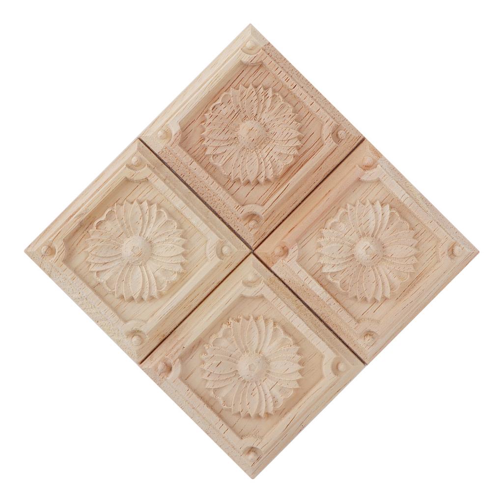 4Pcs Carving Checkered Applique Unpainted Decal for Furniture Decoration
