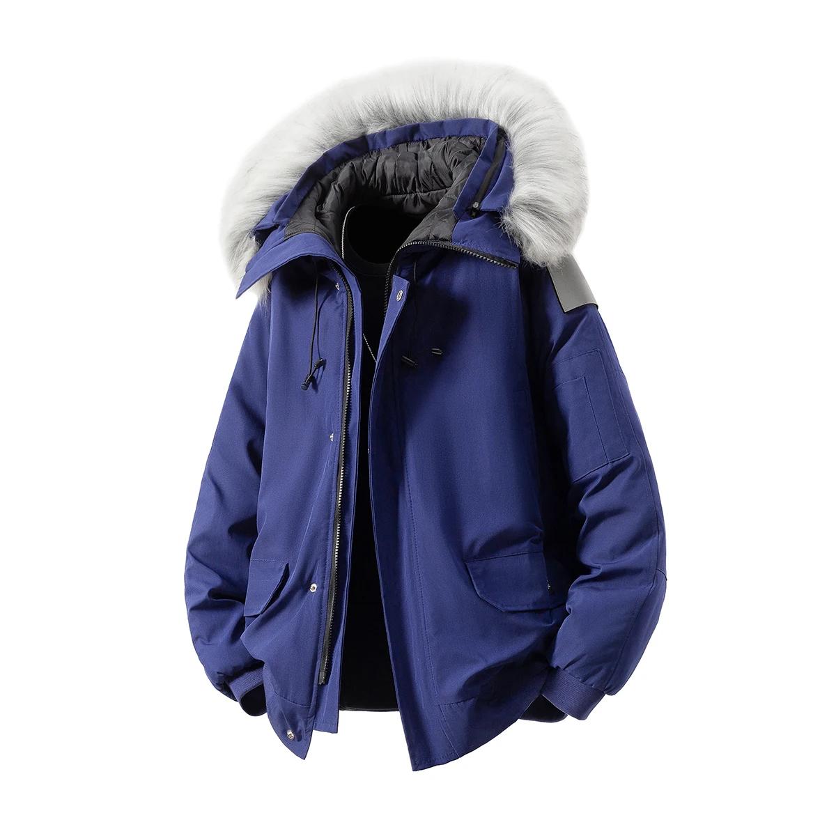 

Зимнее мужское утолщенное хлопковое пальто Мужской кардиган с меховым капюшоном Утепленная куртка Повседневная теплая хлопковая повседневная куртка Парки L синий