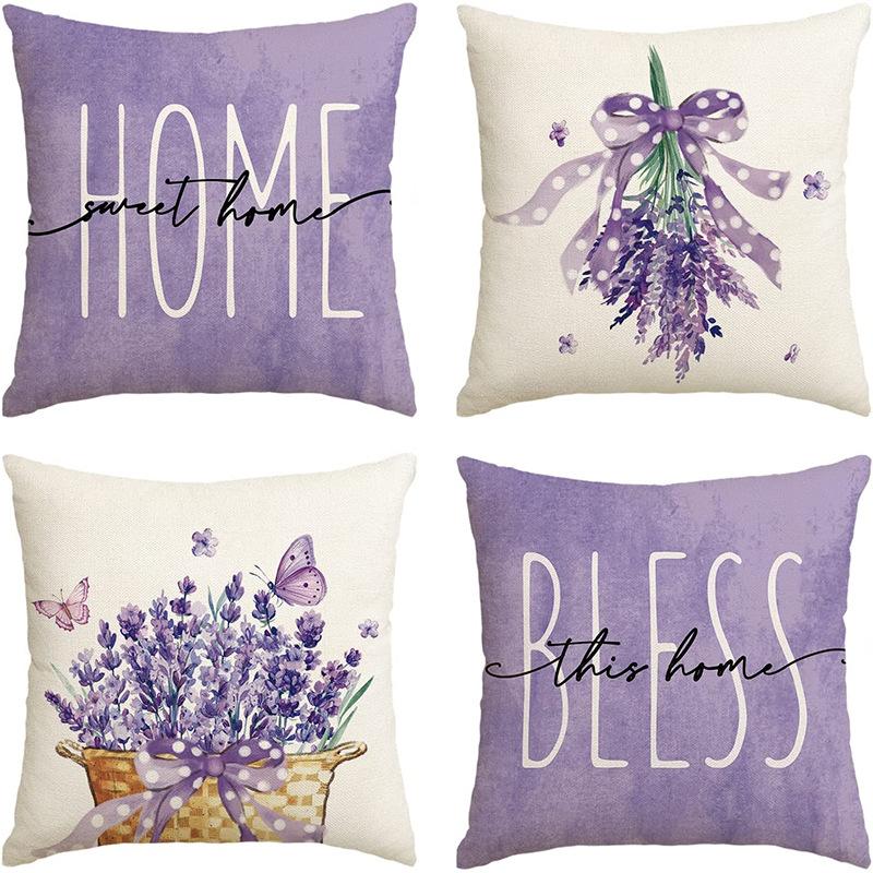 Plant and Flower Linen Pillowcase Purple Lavender Printed Pillow Cushion Cover Home Sofa