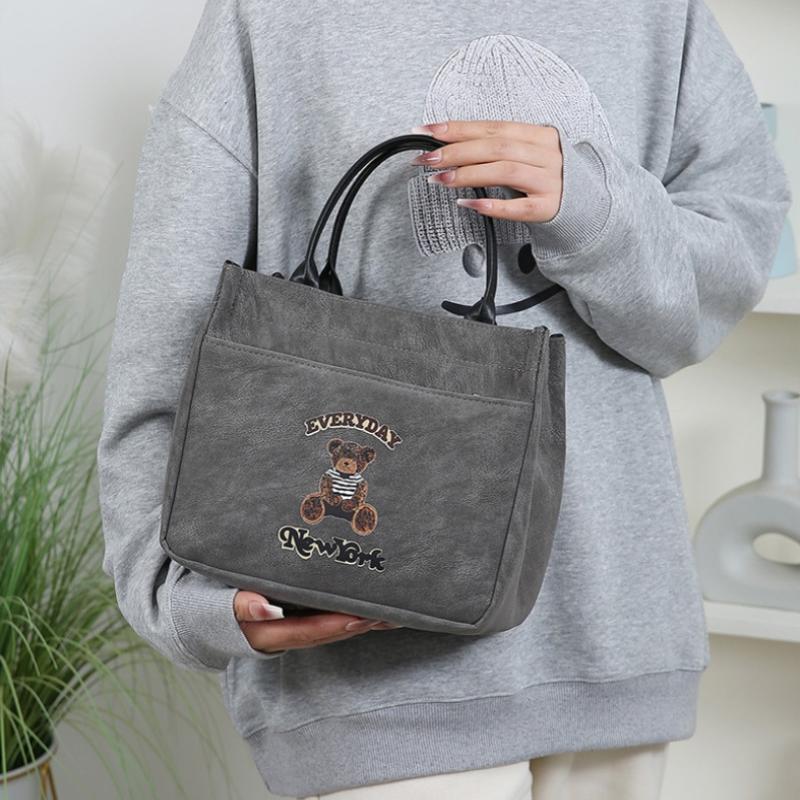 Cute Small Bear Printed Casual Versatile Large Capacity Tote Bag Travel Commuter Office Worker Lunch Bag