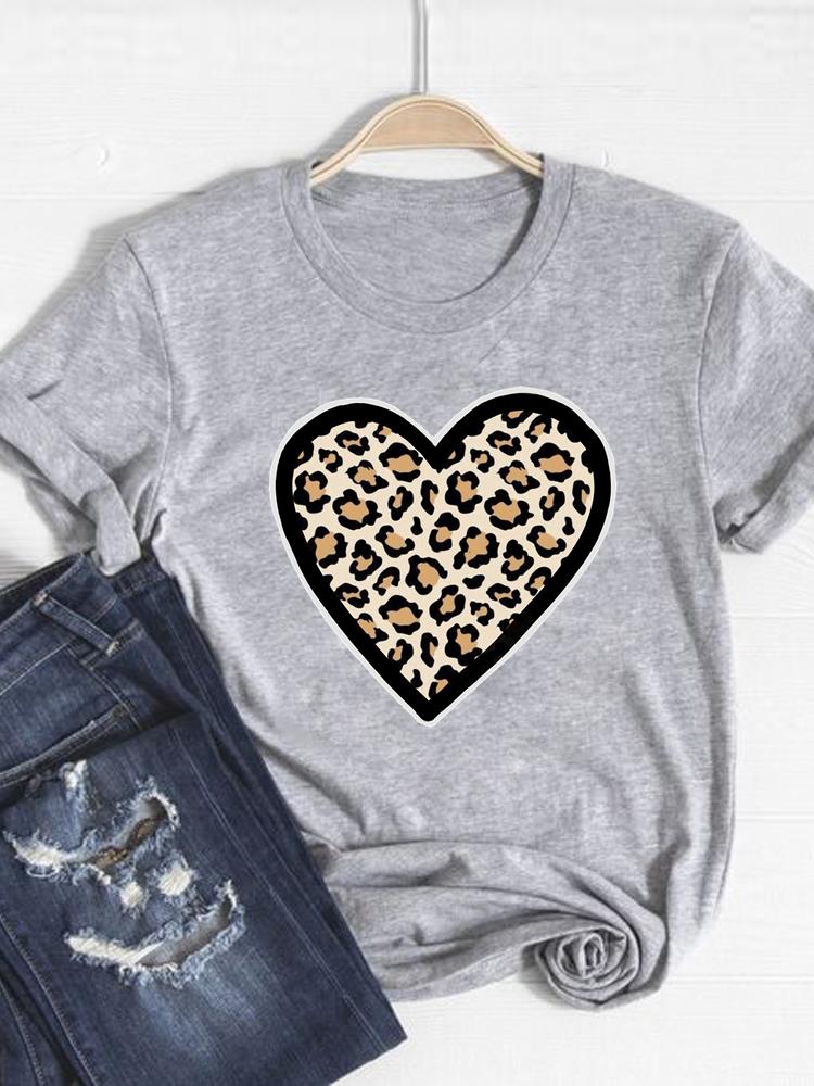 Tee Basic Clothing Women Clothes Print T Shirt Leopard Love Heart Trend Cute Summer Top Fashion Short Sleeve Graphic Tshirt