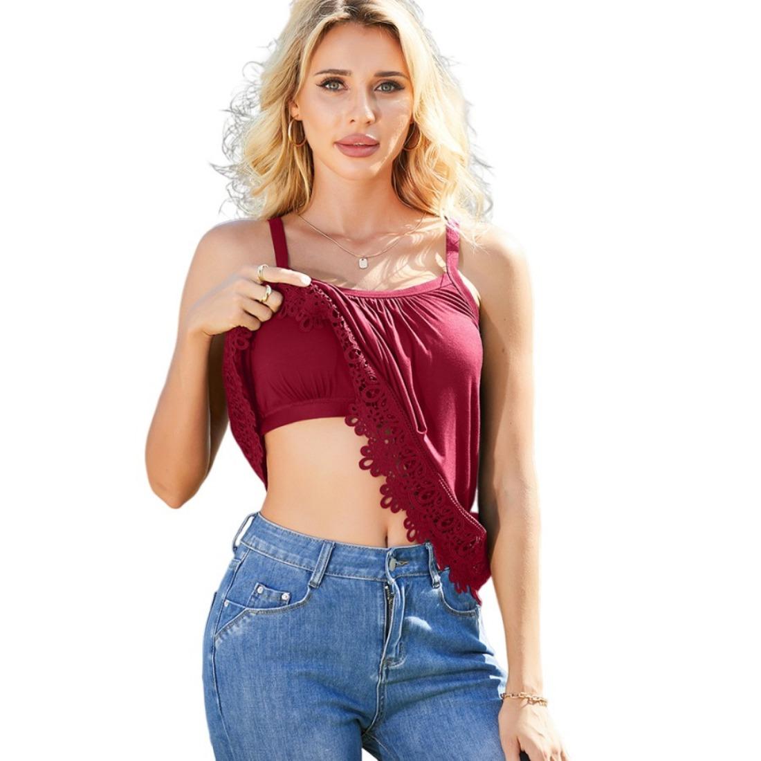 

Женский топ на бретельках с кружевным подолом Charmleaks, встроенный бюстгальтер с регулируемыми бретелями, летние плиссированные свободные топы без рукавов S-3XL L