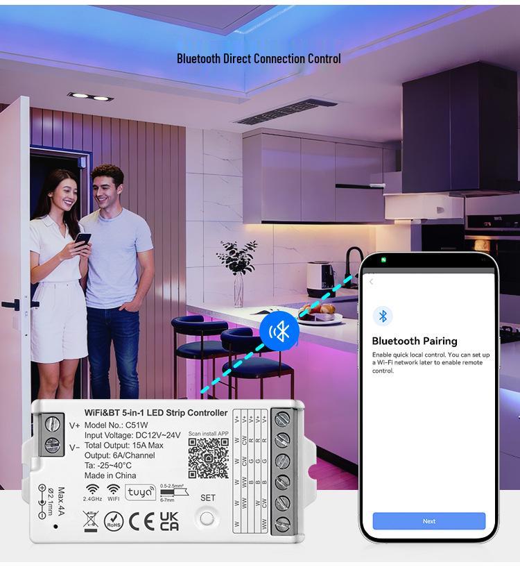 TUYA WiFi LED Strip Controller C51W: Supports Single, Dual Color, RGB, RGBW, and RGBCW.