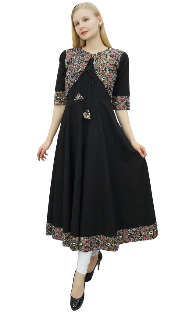 Phagun Womens Black Cotton Anarkali Jacket Style Kurti Designer Dress-10
