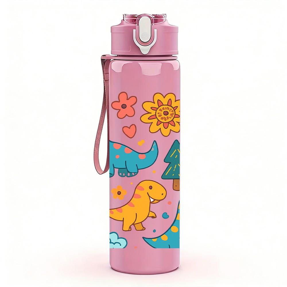 1PC Colorful Dinosaur Group Pattern 750ml Color Plastic Sports Water Bottle Leakproof Flip Straw Lid Suitable for Sports Office Home Use