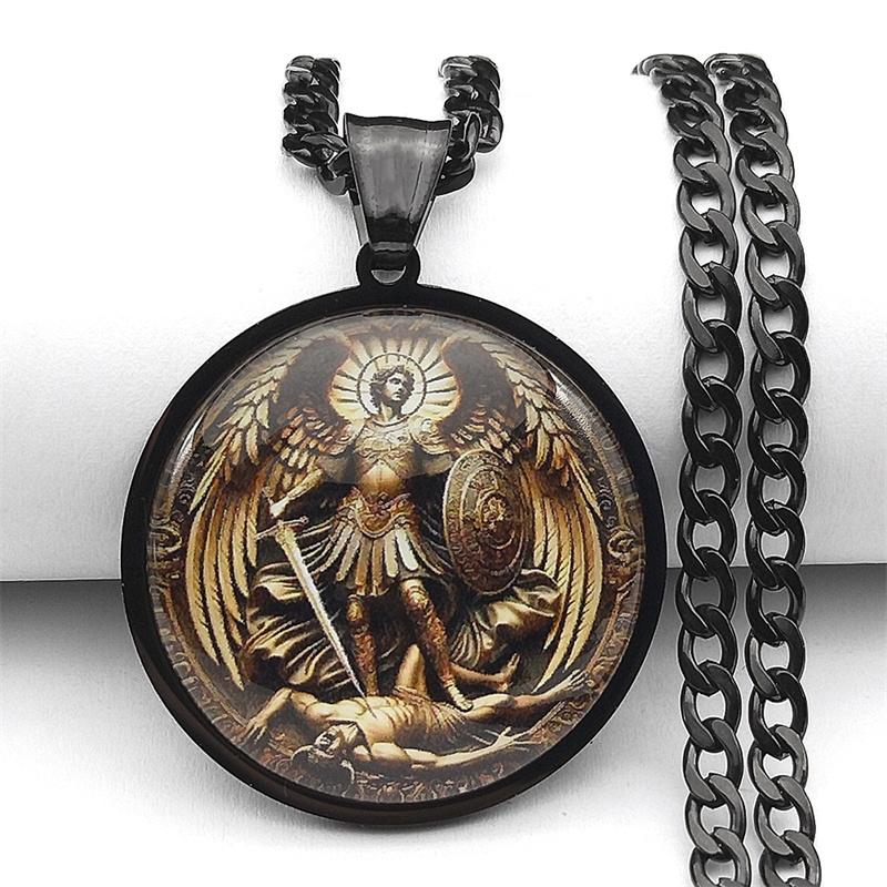 SAINT MICHAEL PROTECT US Archangel Stainless Steel Round Glass Medal Pendant Necklace for Women Men Gold Color Chain Jewelry