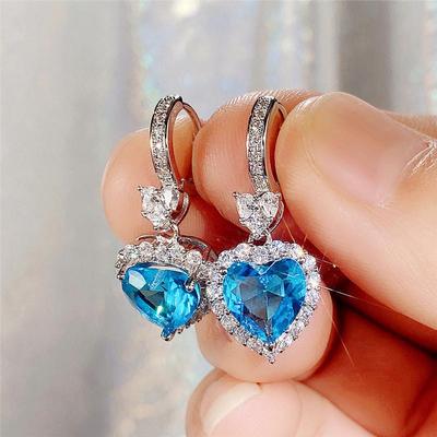 Herzförmige Hochzeit-Ohrringe mit Aqua-Blau-Rot-Stein für Frauen, ewige Liebesohrringe, Verlobungsaccessoires, Modeschmuck