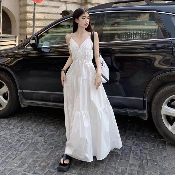 Elegant White Spaghetti Strap Summer Dress for Tall Women with Waist-Cinched Slimming Design and Flowing Mid-Length Hem