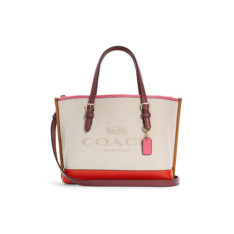 

New COACH Mollie Canvas With Leather Tote Bag, Shopping Bag Women s Ecru & Red C4085-IMSQ6 24.9*12.4*19.1CM