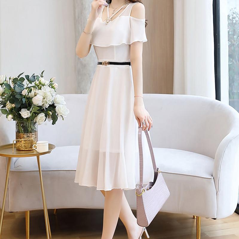 Schulterfreies Chiffonkleid mit Rüschen und Gürtel für den Sommer im koreanischen Stil, schmale, mittellange Taille und dünner, trägerloser Feenrock im Temperament für Damen