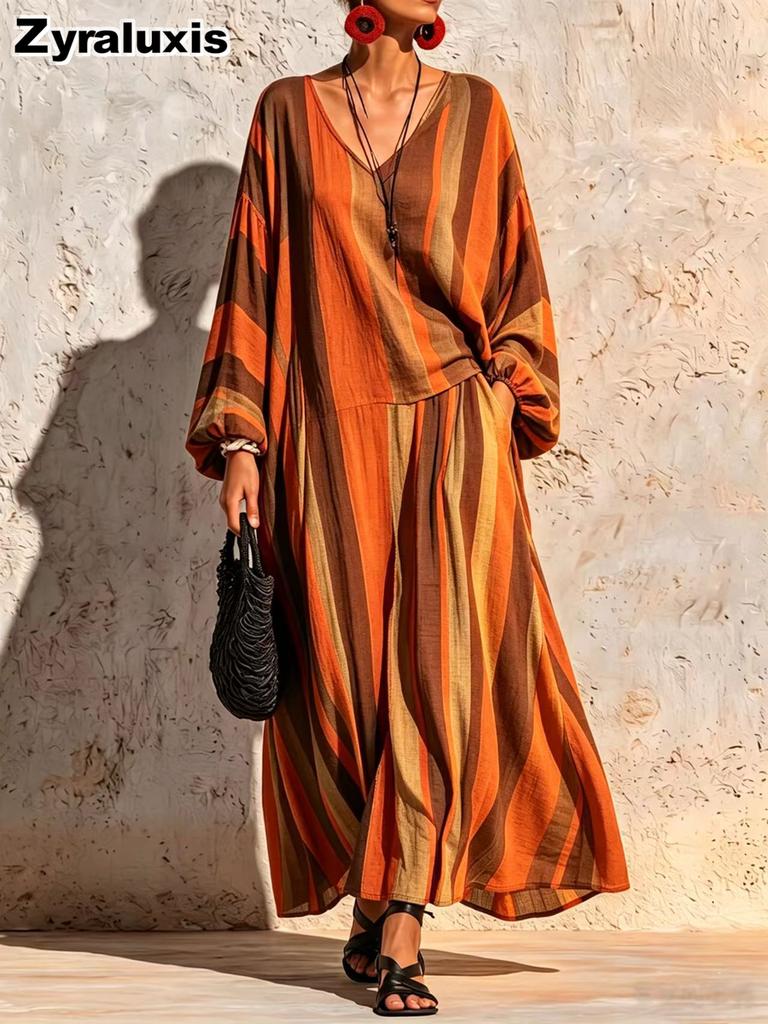 Autumn New Style Striped Printed Set V-Neck Long Sleeve Top Loose Wide Leg Pants Two Piece Outfit