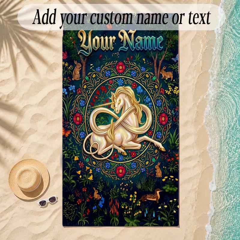 Unicorn Theme Soft Beach Towel Personalized Custom Name Text Towel Portable for Beach Pool Travel