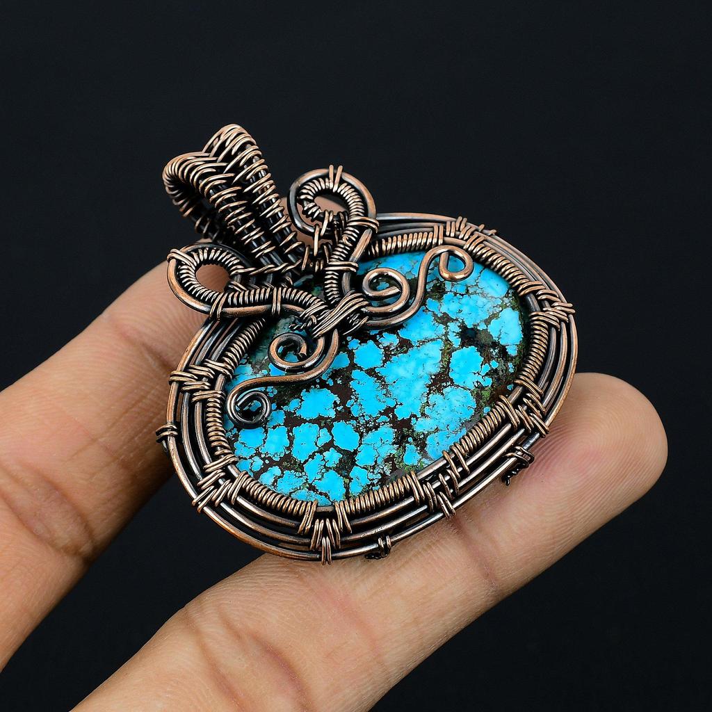 Tibetan Turquoise Pendant, 999 Copper Wire Wrapped Gemstone Jewelry, Handmade Pendant, For Thanksgiving