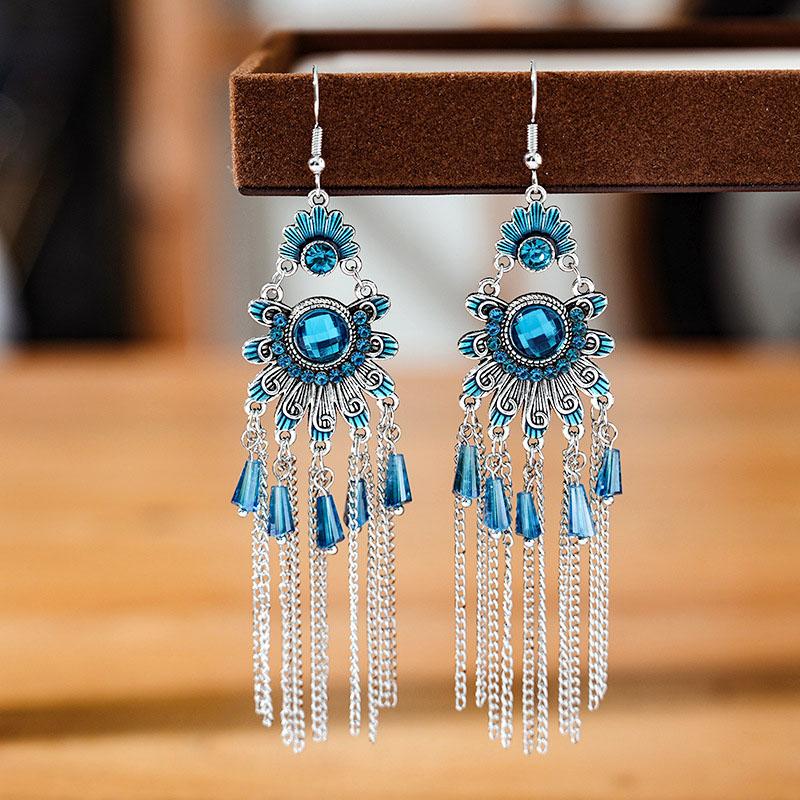 Vintage Ethnic Colorful Crystal Dangle Earrings for Women Classic Beach Chain Tassel Drop Earring Female Pendiente Bijoux
