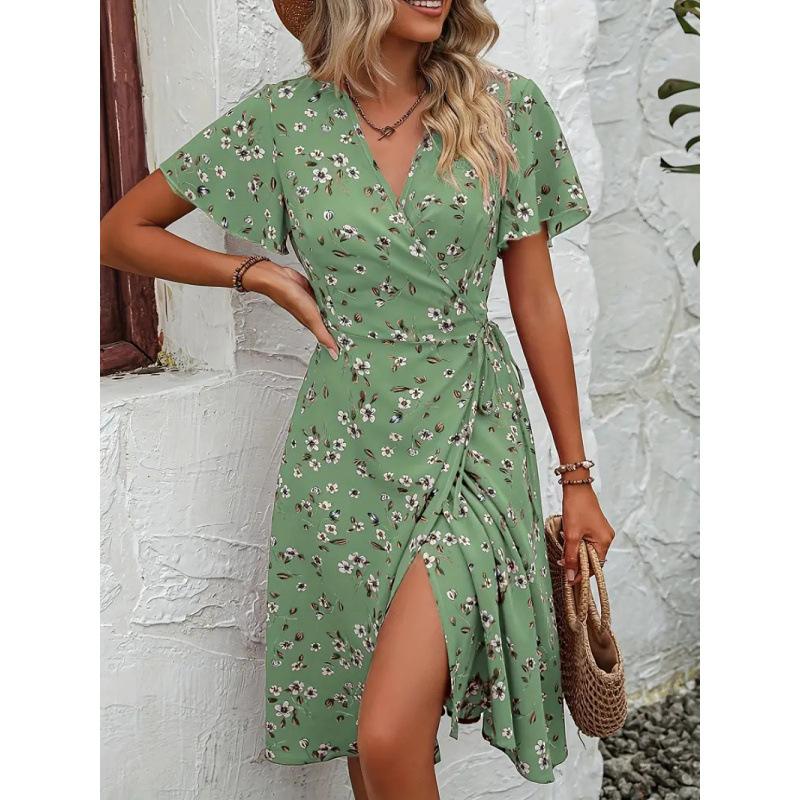 European and American Summer New Women's Temperament Elegant French Print Skirt V-neck Lace-up Dress Women