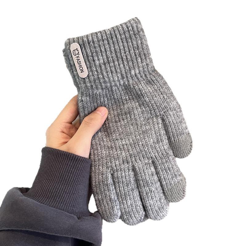 Women's winter touch screen gloves, piled and thickened warm cycling cold-proof wool knitted outdoor men's five-finger gloves