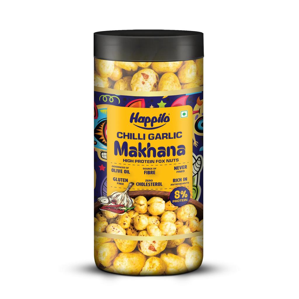 Happilo Premium Makhana Chilli Garlic Jar 80g | Roasted Foxnuts, Phool Makhana | Healthy Snacks | Low Calorie, Vegan, Spicy & Tasty